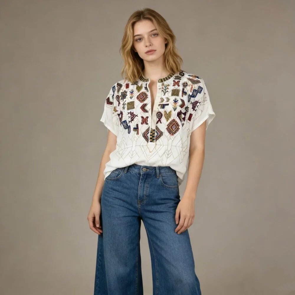 NWOT Johnny Was Biya Silk Embroidered Floral Top Shirt Blouse Size S